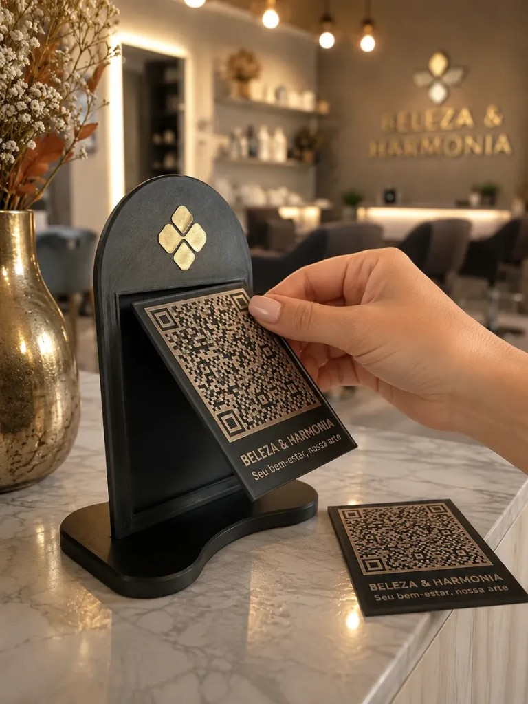 Placa PIX personalizada em impressão 3D preto e champanhe com suporte removível e troca rápida da plaquinha