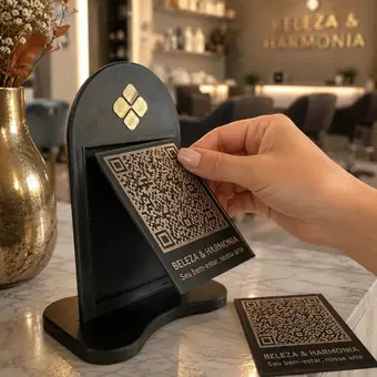 Placa Pix QR Code Display 3D Preto Champanhe Placa PIX personalizada em impressão 3D preto e champanhe com suporte removível e troca rápida da plaquinha