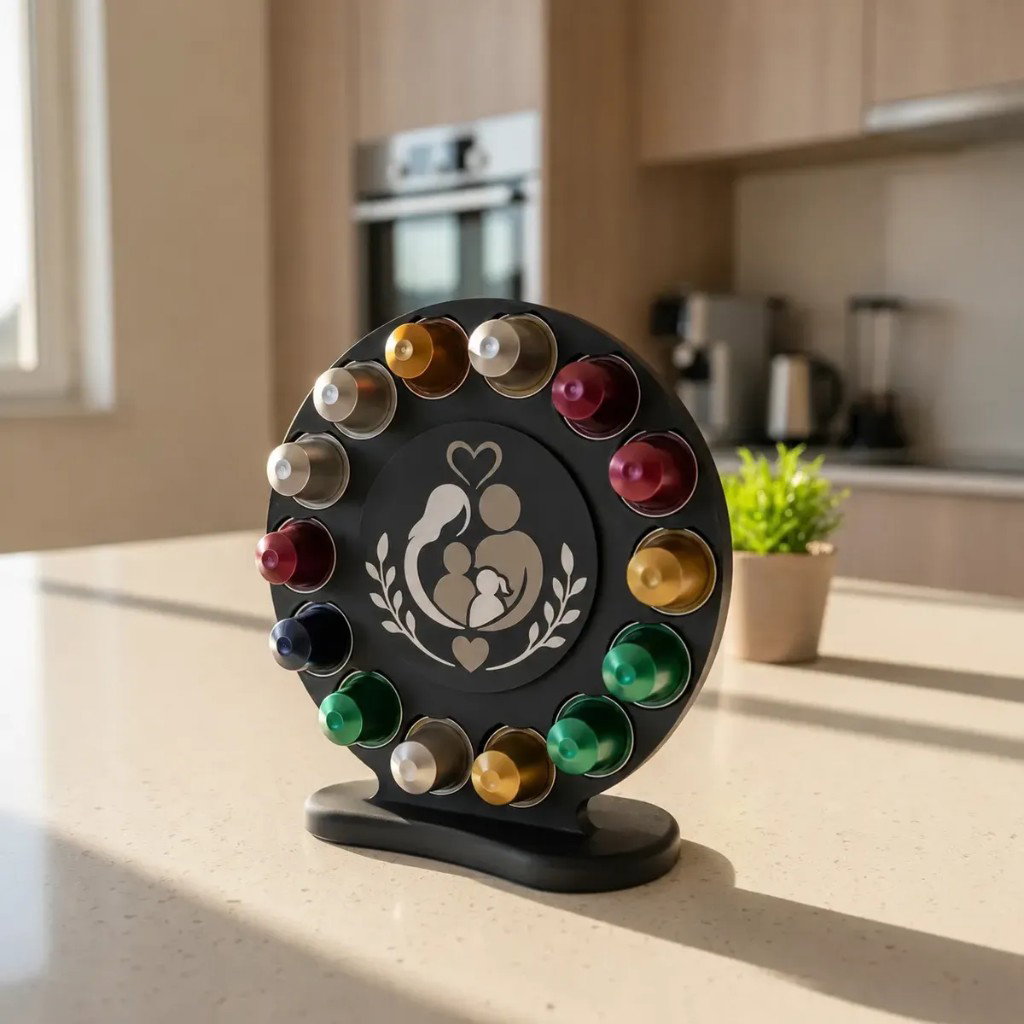 Porta-cápsulas Nespresso tema Família em PLA preto com 14 cápsulas